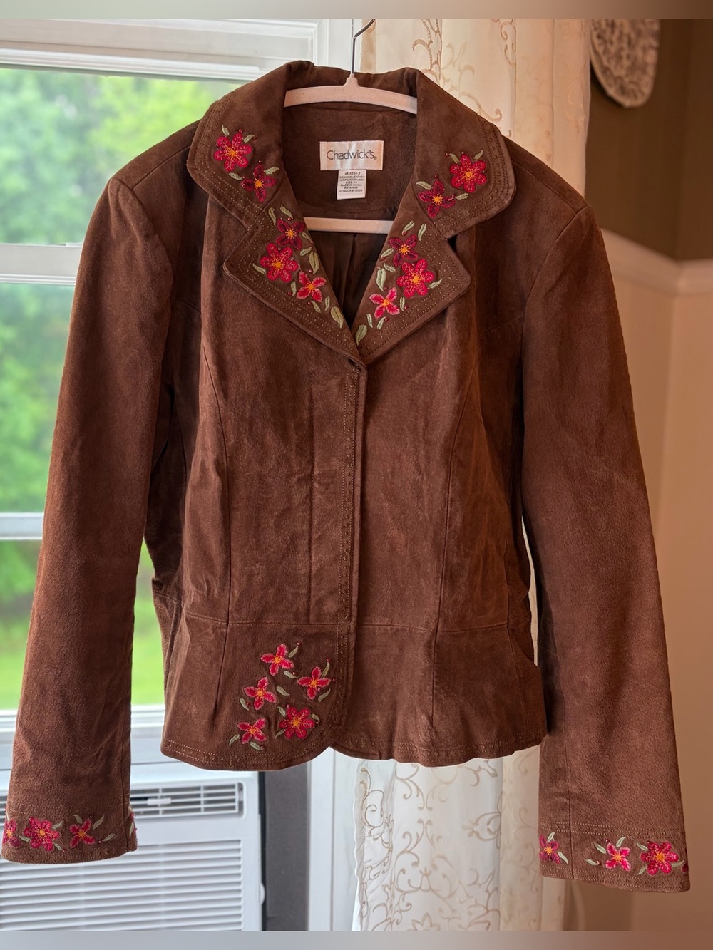 VNTG Chocolate Brown Embroidered & Beaded Suede Jacket Peplum Snap Front Sz 14
